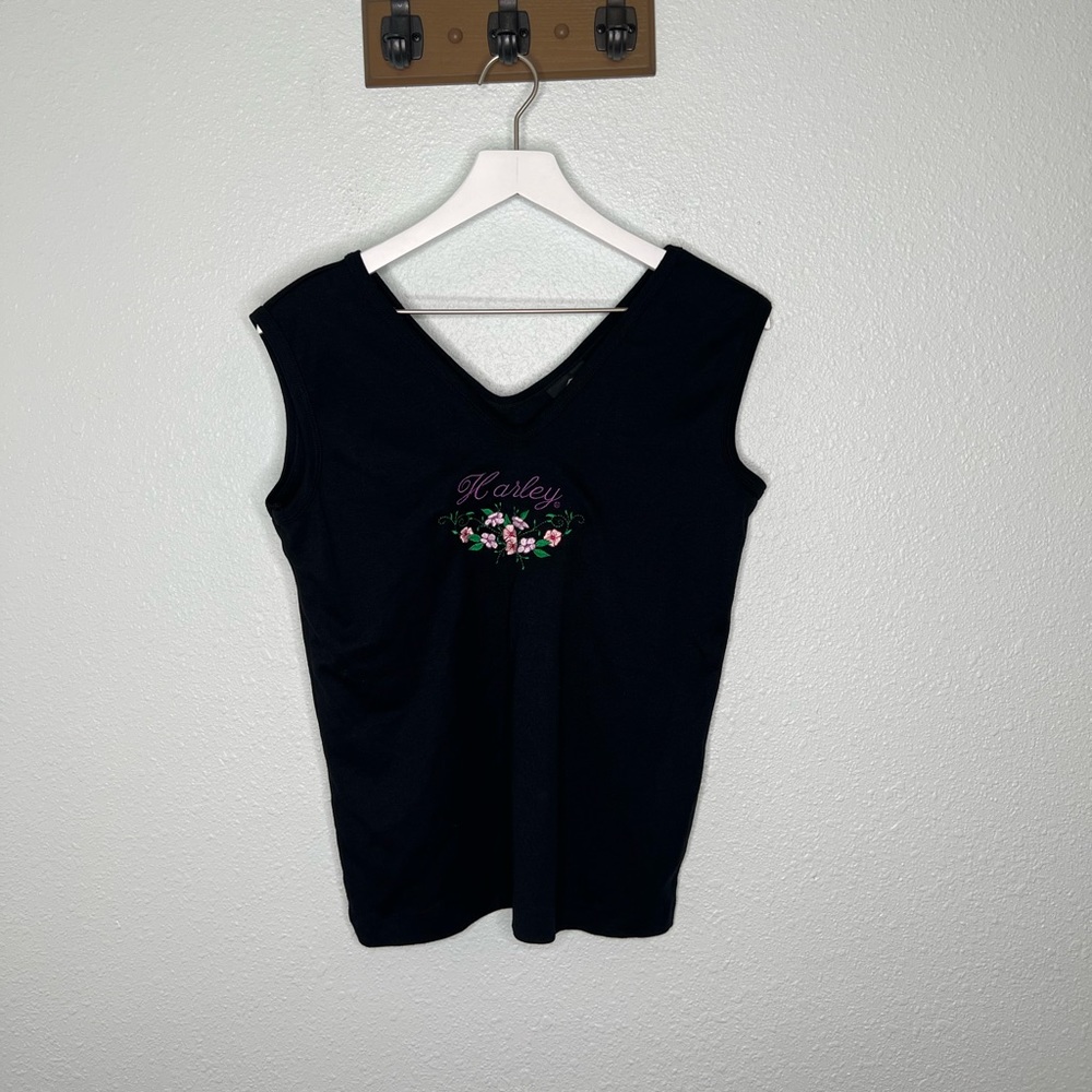 Harley Davidson Black V-Neck Floral Embroidered Tank Top